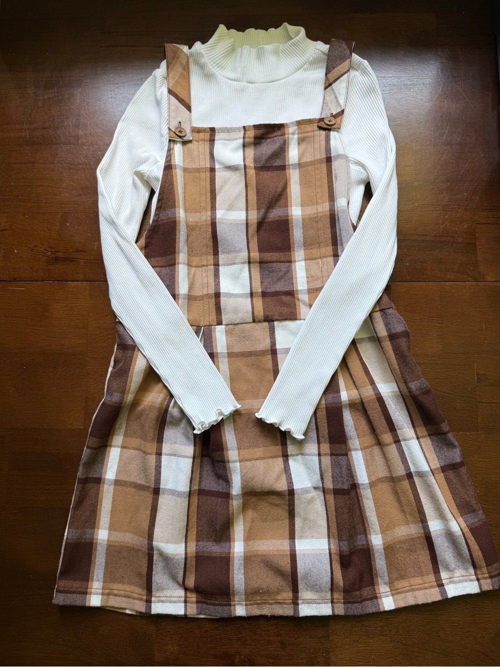Sincerely Jules Girls Cream Ribbed Top with Brown Plaid Pinafore Set